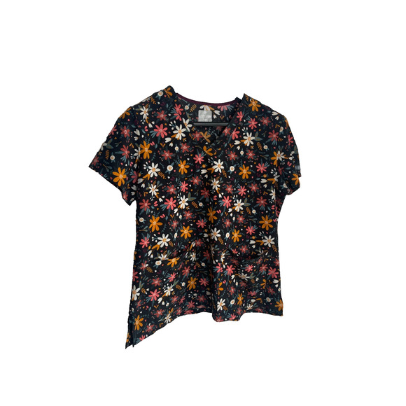 Zoe & Chloe XL Flowers V-Neck Scrub Top Stretch Pockets - Picture 2 of 7